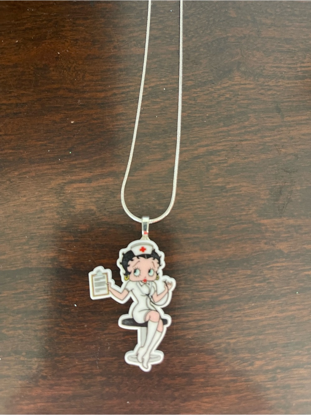 Betty Boop Nurse Enamel Pendant Necklace in White and Black